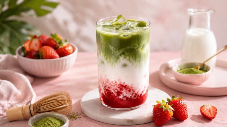 Cafe Style Matcha Strawberry Latte Recipe with Fresh Creamy Flavor