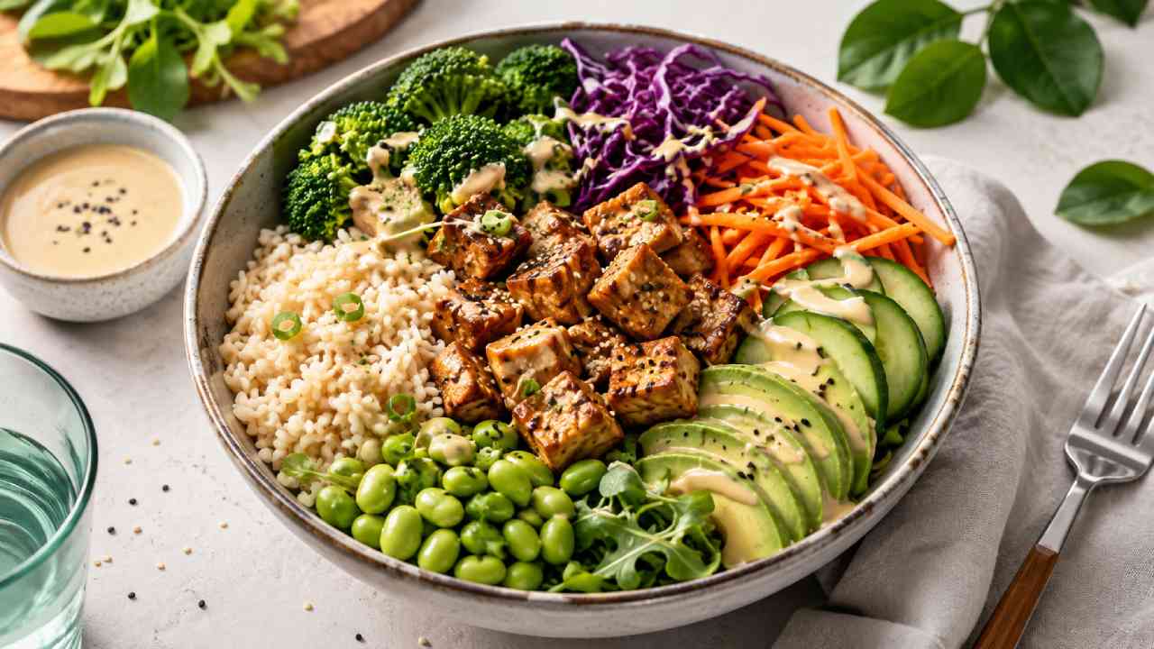 Healthy Tempeh Buddha Bowl with Colorful Vegetables
