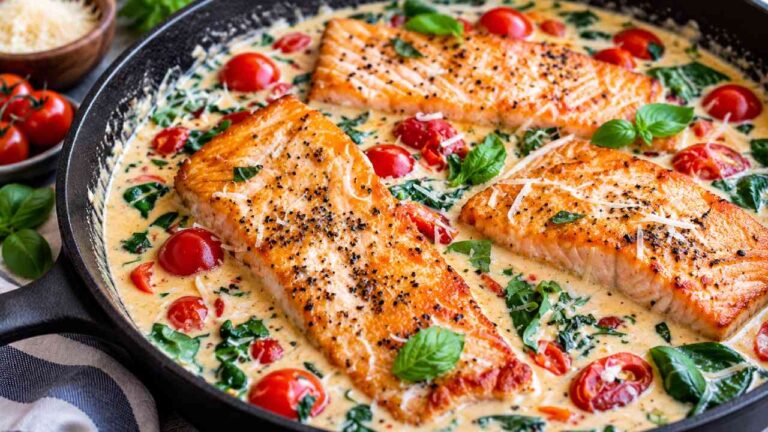 Healthy Creamy Tuscan Salmon with Spinach and Tomatoes