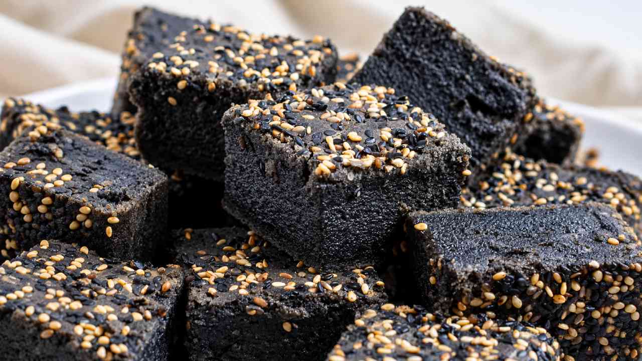 Black Sesame Mochi Cake Squares with a Delicious Chewy Center
